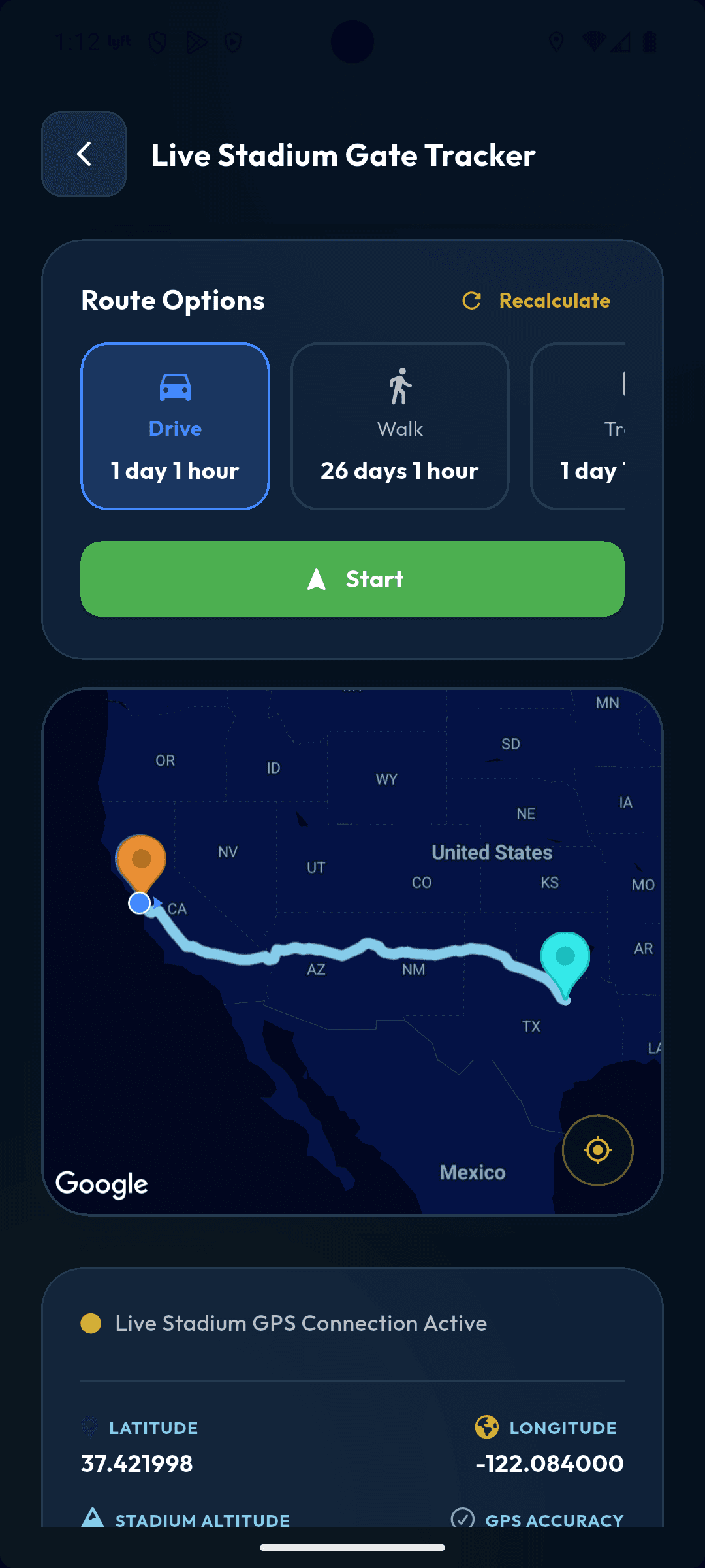 Route options screen showing walk, transit, and rideshare choices
