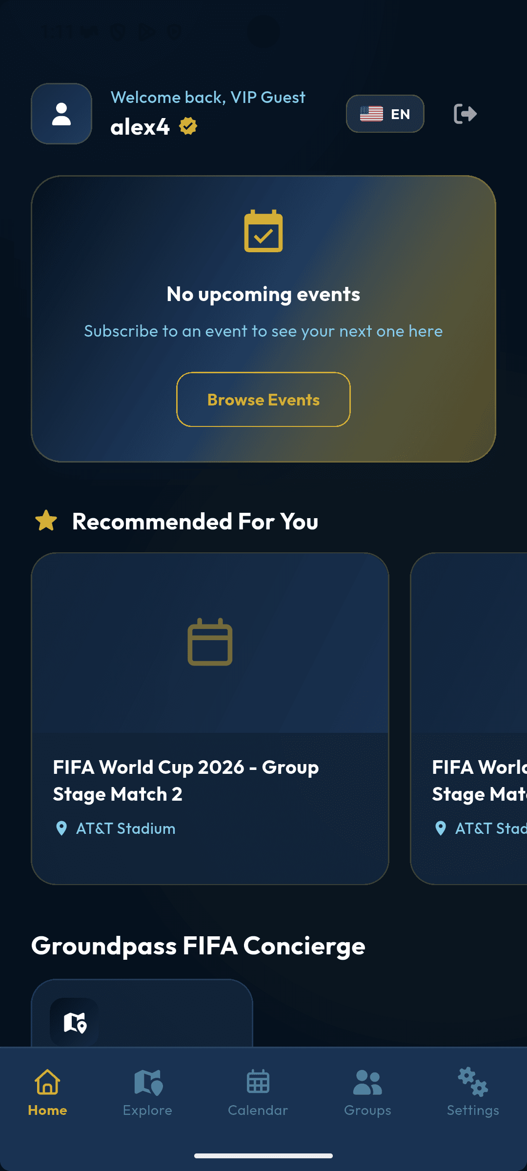 Home screen with no upcoming events