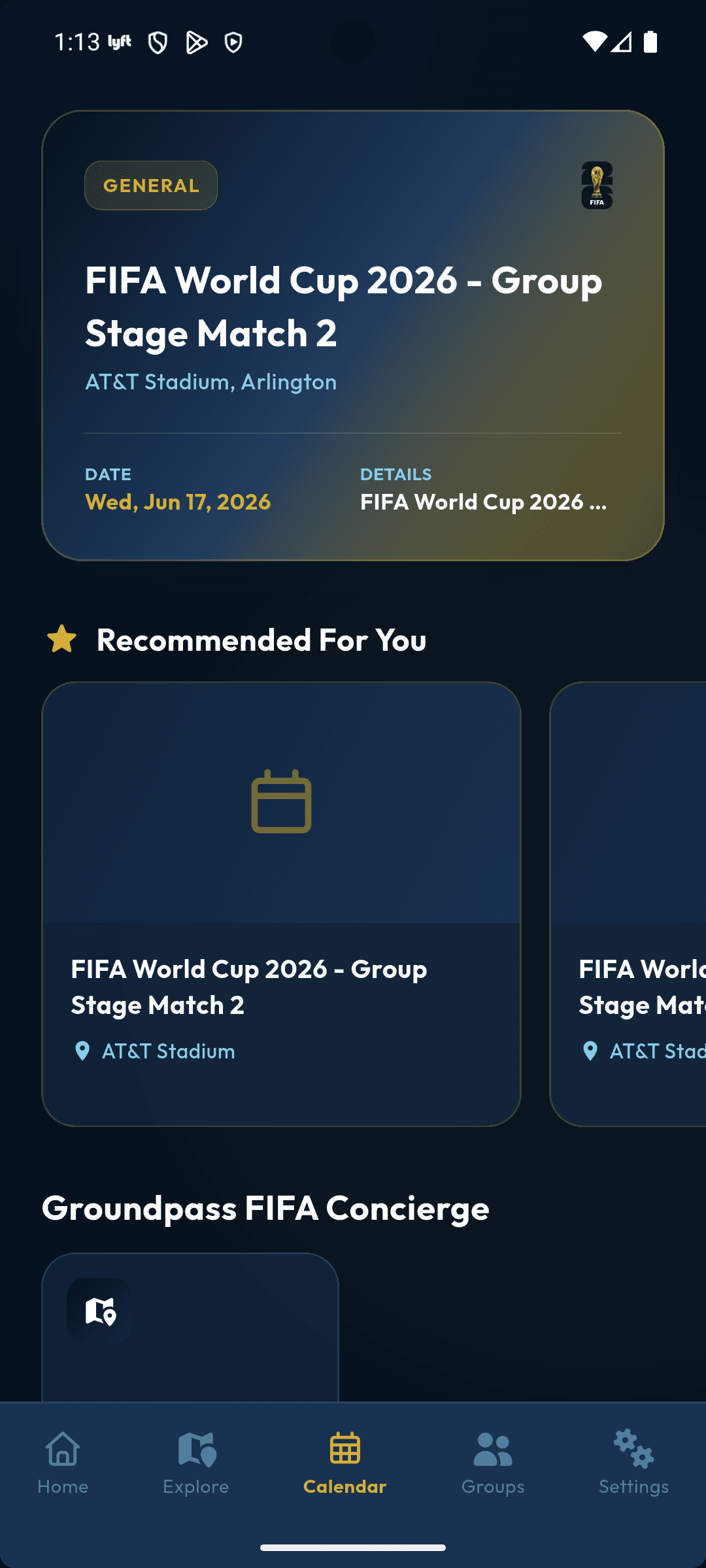 Ground Pass home screen showing an upcoming FIFA match