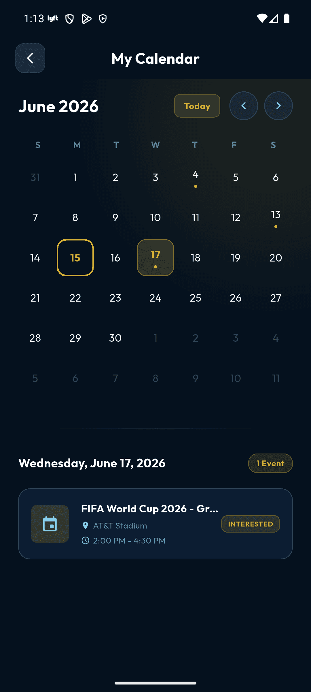 Event calendar showing tracked matches