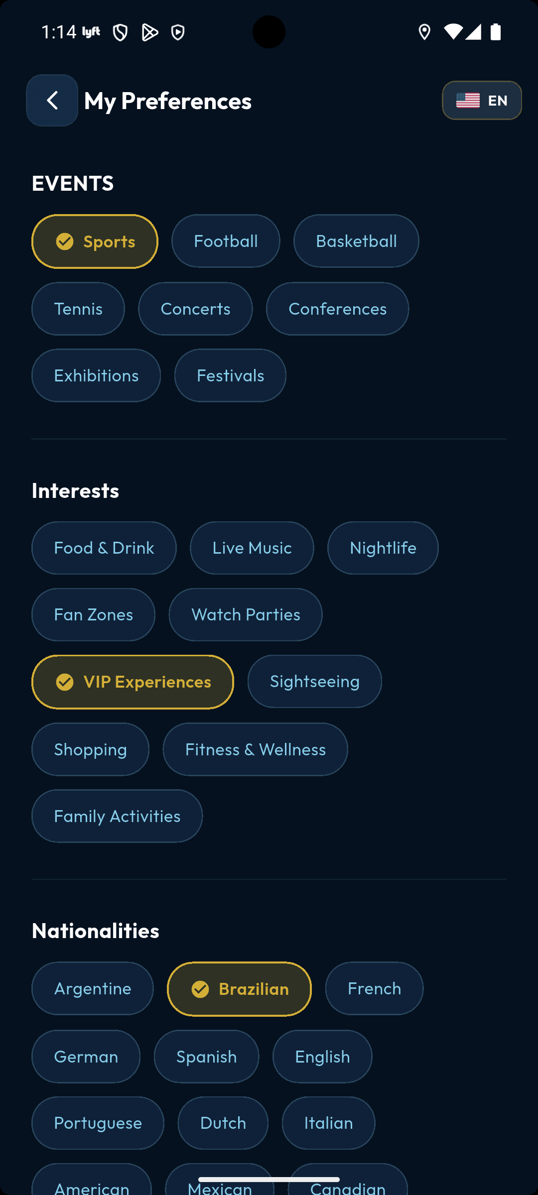 User preferences and personalization screen